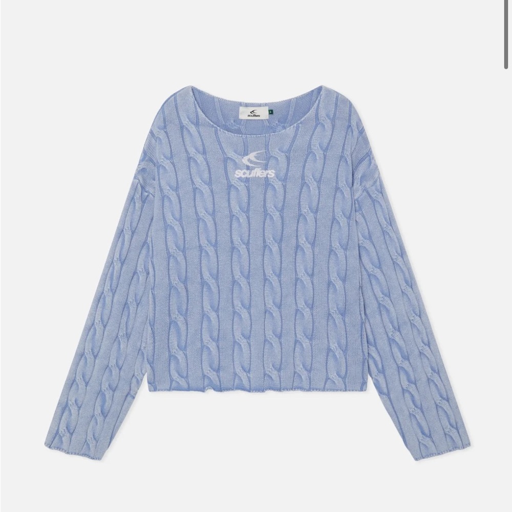 Scallers Men's Light Blue Cable Knit Crewneck Sweater